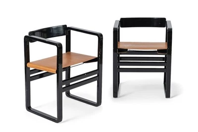 Sillones modernos Mid Century de laca negra y cuero marrón años 70 Foto 1 de 4