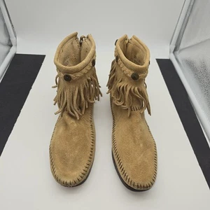 Minnetonka 297 Moccasins Back Zip Women's Size 6.5 Fringe Suede Ankle Boot EUC - Picture 1 of 11