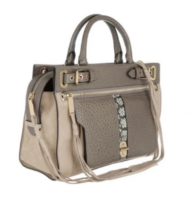 Bolsa satchel feminina Rebecca Minkoff Lyon couro acastanhado e camurça com alça transversal - Imagem 1 de 4