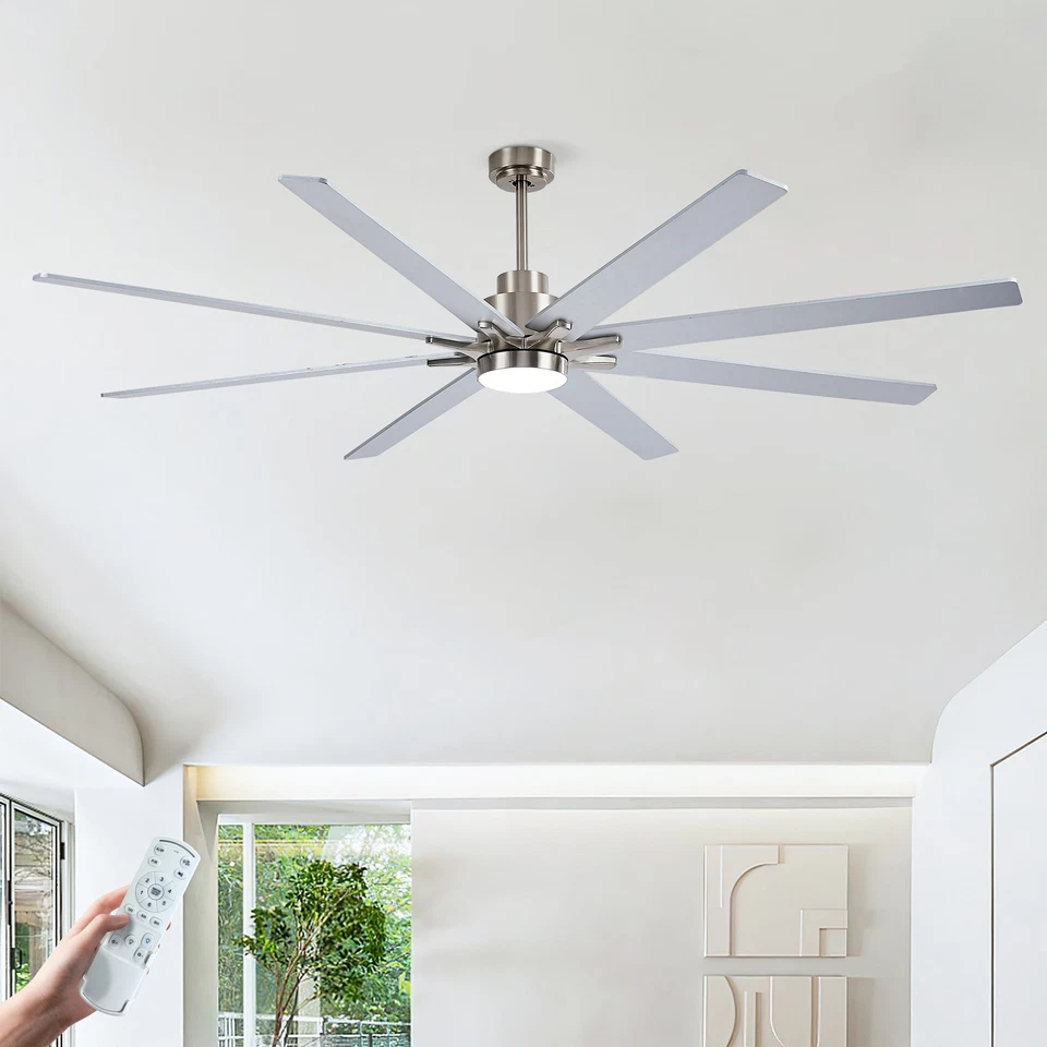 Ventilador de techo de madera contrachapada plateada de 84"" con control remoto de luz motor reversible de 6 velocidades 3CCT Foto 1 de 4
