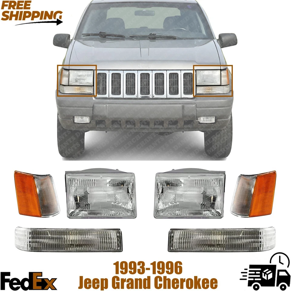 Conjunto de faros + luces de esquina y señalización para Jeep Grand Cherokee 1993-1996 Foto 1 de 4