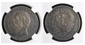 1875 German States BADEN 5 Mark INVERTED V for A (Authentic: NGC XF45 Certified) - Picture 1 of 5