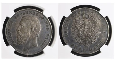 1875 German States BADEN 5 Mark INVERTED V for A (Authentic: NGC XF45 Certified) - Image 1 of 4