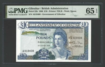Gibraltar 10 Pounds 21-10-1986 P22b Uncirculated Grade 65 - Image 1 of 2
