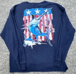 GUY HARVEY T Shirt Mens M / L Patriotic USA Flag Marlin Fishing 2012 Long Sleeve - Picture 1 of 10