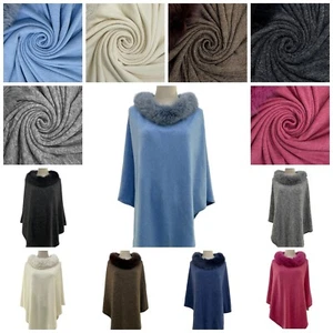 Womens Ladies Poncho Wool Poncho Plain Faux Fur Collar Wool Poncho Winter Wrap - Picture 1 of 15