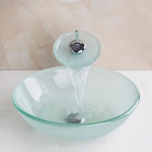 US Tempered Glass Bathroom Vessel Sink Basin Bowl With Waterfall Faucet Sets - Picture 1 of 8