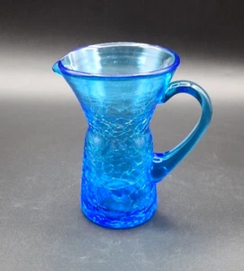 Vintage Blue Crackle Glass Pitcher Creamer Vase Hand Blown Applied Handle 4.75" - Picture 1 of 6