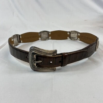 Womens S Belt Fossil Leather 32 Inch Casual Western Wear Silver Details Brown - Image 1 of 4