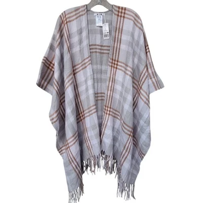 Poncho abierto chal envolvente gris tostado a cuadros de cachemir viscosa de tres puntos O/S $98 Foto 1 de 4