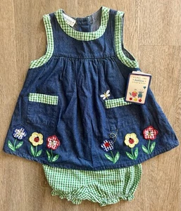 Vintage NWT Samara 3T Denim Dress & Green Gingham Bloomers 90s 2000s Set - Picture 1 of 5