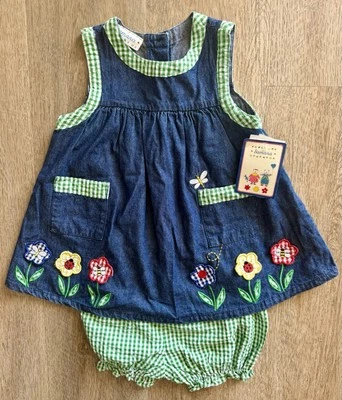 Vintage NWT Samara 3T Denim Dress & Green Gingham Bloomers 90s 2000s Set - Image 1 of 4