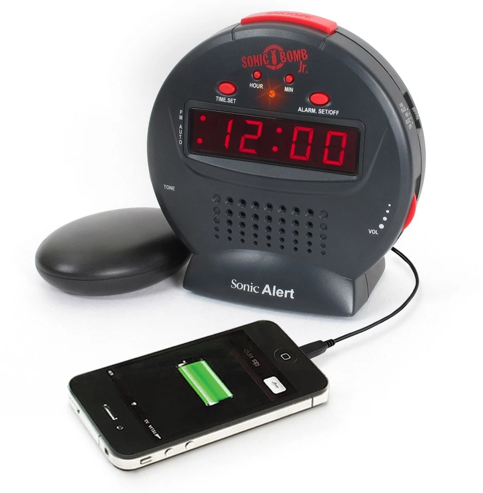 Loud Dual Alarm Clock with Bed Shaker Red Flash Lights Easy Set Backup Dimmer - Image 1 of 4