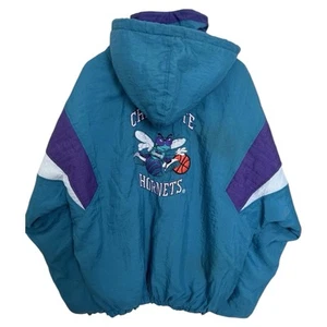 Vintage Starter 90s Charlotte Hornets Puffer Jacket 1/2 Zip Hooded Pullover Mens XL - Bild 1 von 9