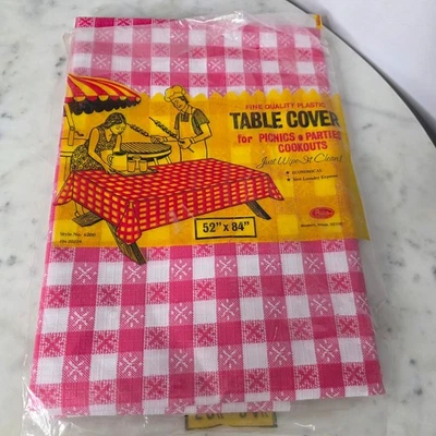 Vintage Red Gingham Plastic Table Cover Picnic Party 52 x 84 New - Image 1 of 4