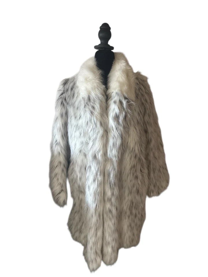 复古人造毛皮 Lynx 雪豹外套 美国制造 白色领 尺寸 14 70 年代 80 年代 — 第 1/4 张图片