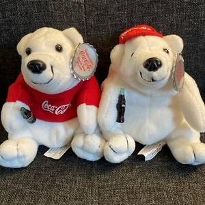 Lot Of 2 Coca-Cola Bean Bag Polar Bear 1997 6” Bottle Red Sweater Baseball Hat - Picture 1 of 15
