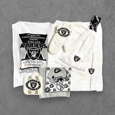 Vtg 90s Oakland Raiders Bundle, Oven Mitt, Robe, Towel, Hankerchief, Lot of 6 Cover