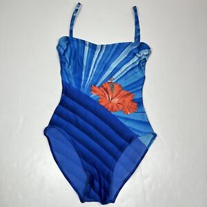 GOTTEX 1 Piece Bandeau Style Swimsuit Striped Blue With Hibiscus Flower Size 10