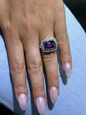14k White Gold Natural Diamonds Purple Amethyst Cushion Halo Band Ring Size 6.5 - Image 1 of 4