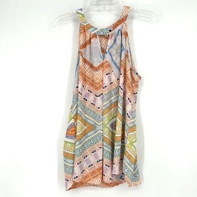 Spense Boho Tank Top Blouse Mixed Border Pattern Colorful Halter Keyhole Size L - Image 1 of 4