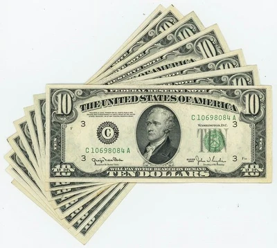 FR#2010C $10 1950 (8) Eight Fed. Reserve Notes Philadelphia AU/UNC Crisp DC-6109 - Image 1 of 3