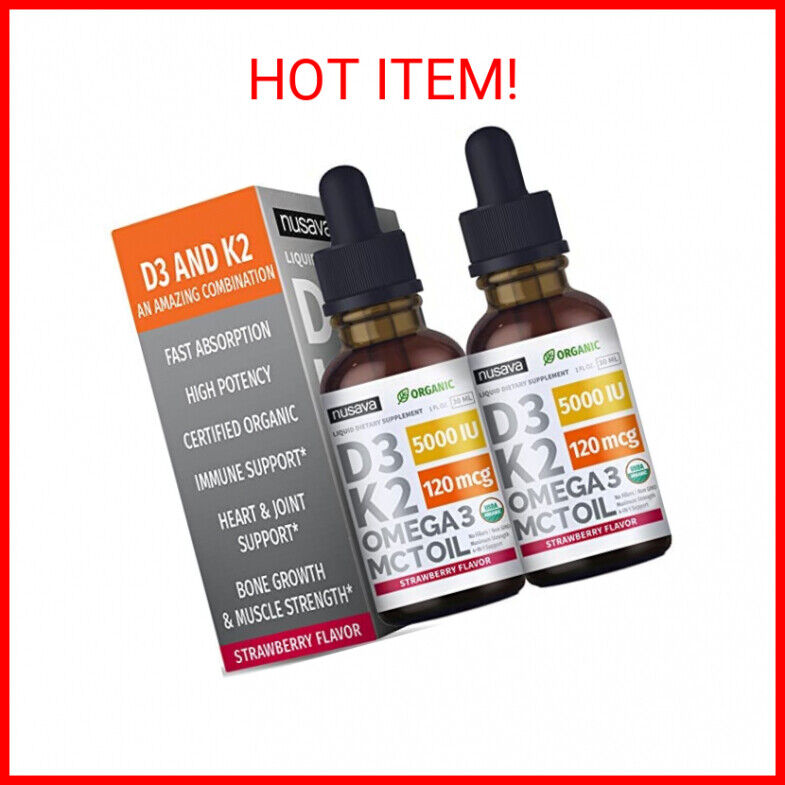 (2 Pack) Organic Vitamin D3 K2 Drops w MCT Oil Omega 3, 5000 IU, Maximum Strengt