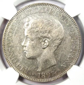 1897 Spain Philippines Peso 1P Coin - Certified NGC AU53 - Rare Coin! - Picture 1 of 6