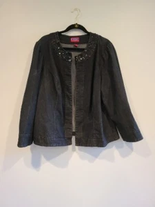 WestPort Denim Plus Black Open Front Sequin Neck Long Sleeve Denim Jacket - Picture 1 of 9