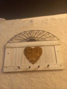 Primitive Shutter Wall Hook Angels Gather Here, Scroll Work, Old Nails Shabby  - Picture 1 of 13