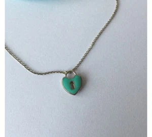 Tiffany & Co. Blue Enamel Keyhole Lock Heart Charm Silver 16" Necklace POUCH - Picture 1 of 5