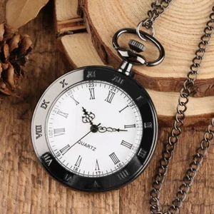 Steampunk Black Roman Numerals Display Open Face Quartz Pocket Watch Chain Gifts - Picture 1 of 8