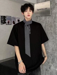 Men's Youth Short Sleeve Loose Lapel tie Splicing design Shoulder pads T-shirt - Picture 1 of 11
