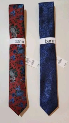 NEW Lot of 2 Bar III Ties Red Bristol Floral & Blue Medallion Geometric - Image 1 of 4