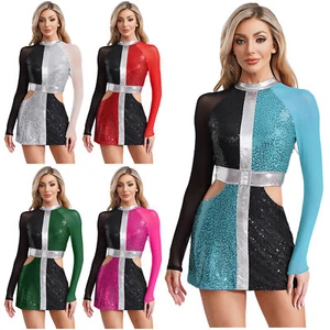 Women Sequins Swinging 60S Jazz Hippie Color Contrast Sparkly Mini Dress Costume - Picture 1 of 47