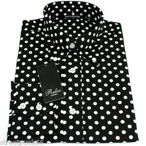 Camisa Relco para Hombre Blanco y Negro con lunares Mangas Largas Mod Piel Retro Indie Años 60 - Imagen 1 de 5