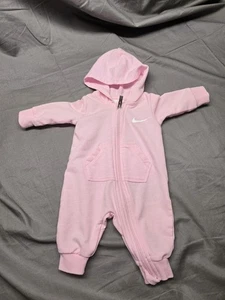 Nike Coverall Infant Newborn Pink Hooded Zip One Piece Swoosh Logo Jumpsuit - Picture 1 of 4