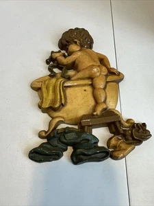 Sexton 1975 metallo fuso parete arte bambino e rana che prendono una vasca da bagno USA - Foto 1 di 16
