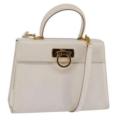 Auténtico bolso de mano Salvatore Ferragamo Gancini de cuero 2 vías oro blanco BA5653 Foto 1 de 4