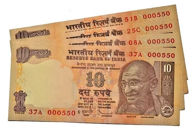 2011 - 10 RUPEE INDIA REPUBLIC SAME NUMBER 000550 - 4 UNC NOTES LOT - Image 1 of 3