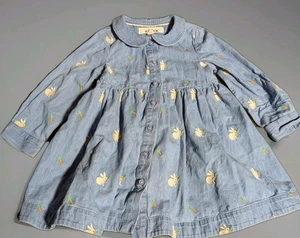 Mini Boden Bunny Rabbit Carrot Print Long Sleeve Denim Dress 5/6 Years Easter - Picture 1 of 5