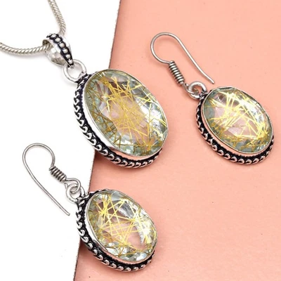 Conjunto de pendientes de oro rutilo joyería 18-20"" colgante cuarzo esterlina Foto 1 de 4