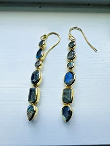 Unique Geometric Design Labradorite  & Gold Plated Dangle Earrings~2 and 1/2 " - Picture 1 of 9