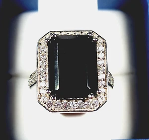 Australian Black Tourmaline & White Zircon Halo ring in Plat/925 sz 8 14.85 ct - Picture 1 of 6