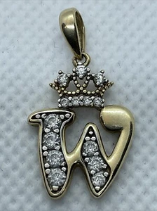 CUTE Solid 10K Yellow Gold INITIAL LETTER “W” with CROWN White CZ Charm Pendant - Picture 1 of 19