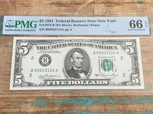 $5 1981 1976-B BA Block New York FRN PMG 66EPQ - Picture 1 of 2