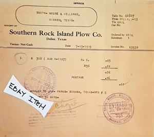 Dallas Texas 1919 Southern Rock Island Plow Company Billhead - Imagen 1 de 1