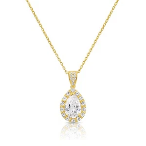 14K Real Solid Yellow Gold Pear-Cut Teardrop Halo CZ Pendant Charm Necklace 18in - Picture 1 of 16
