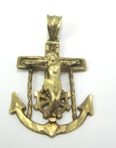 STUNNING 10K YG RELIGIOUS CROSS ANCHOR CRUCIFIX OF JESUS PENDANT(1-1/8")  1.8G - Picture 1 of 7
