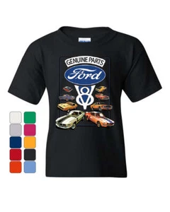 Ford Genuine Parts Youth T-Shirt American Classic Muscle Cars V8 Motor Kids Tee - Picture 1 of 8
